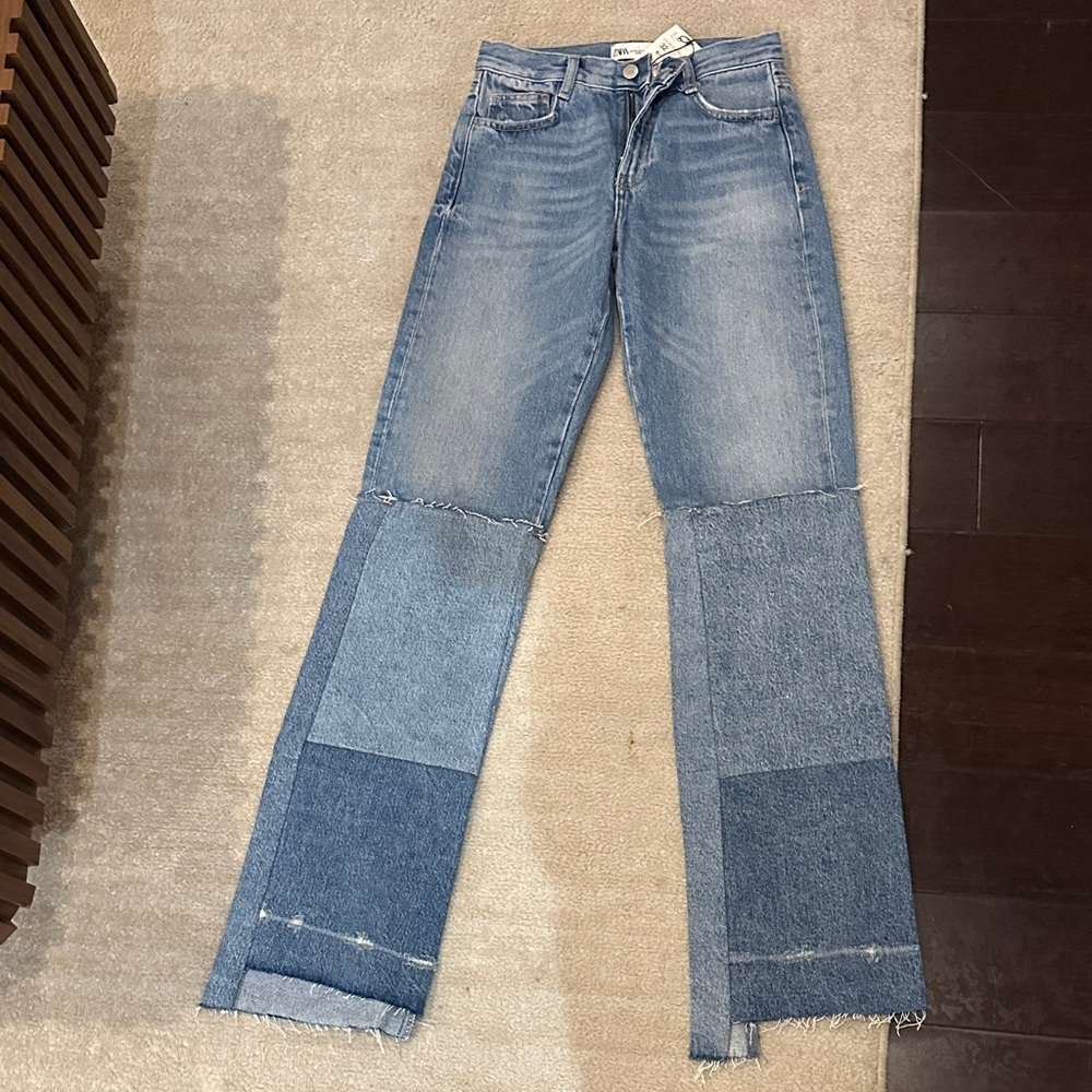 Zara Women's Blue Flare Patchwork Jeans